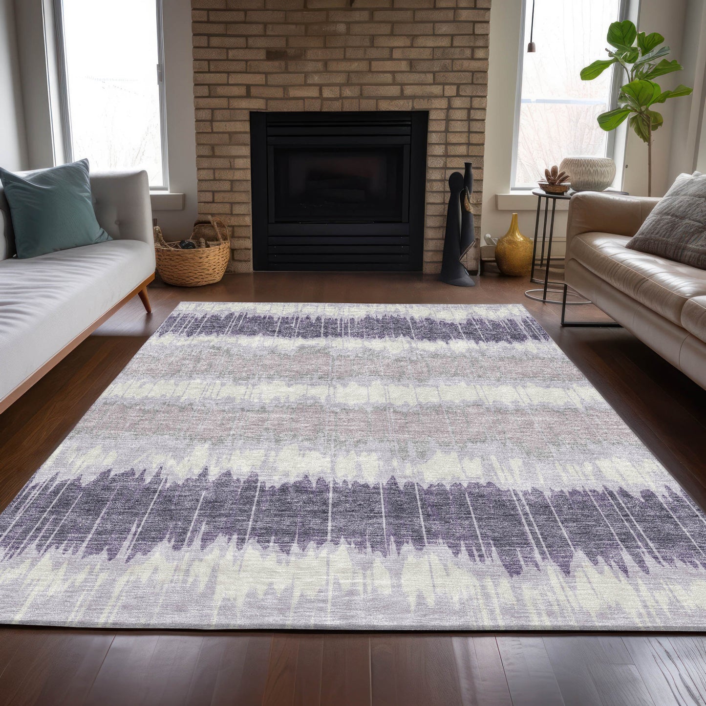 3' X 5' Lavender Purple And Ivory Striped Washable Indoor Outdoor Area Rug