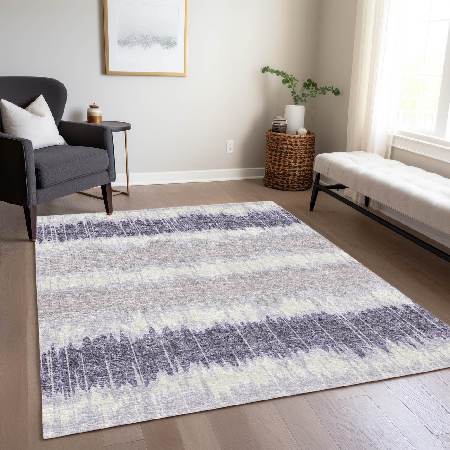 3' X 5' Lavender Purple And Ivory Striped Washable Indoor Outdoor Area Rug
