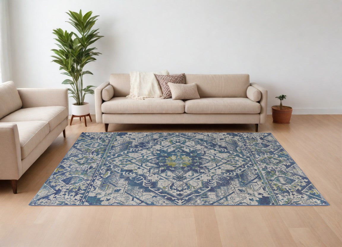 10' X 13' Green Blue and Ivory Oriental Power Loom Area Rug
