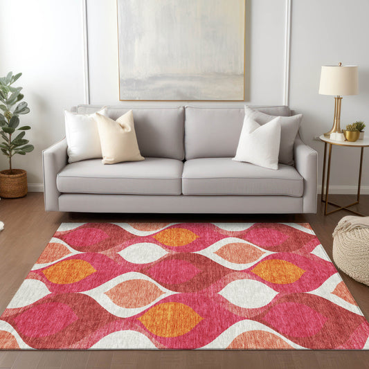 9' X 12' Pink Mauve And Orange Ogee Washable Indoor Outdoor Area Rug