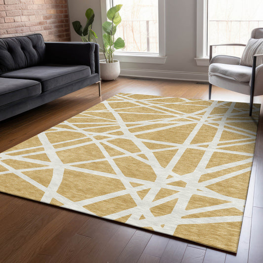 10' X 14' Gold And Ivory Geometric Washable Indoor Outdoor Area Rug